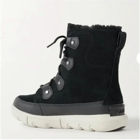 Sorel Explorer II Joan WP Black faux fur-trimmed suede ankle boots Sz 11 - Picture 3 of 13